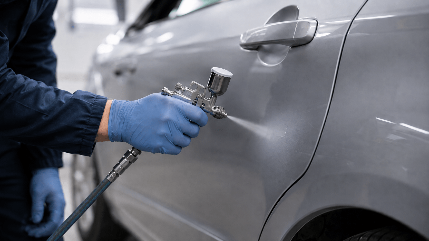 Fachgerechte Smart-Repair-Lackierung an einer silbergrauen Autot&uuml;r.